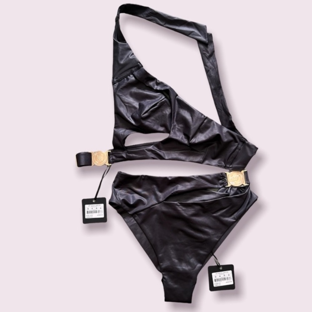 Honey Birdette Black Satin High-Cut Bikini Brief with Gold Accents